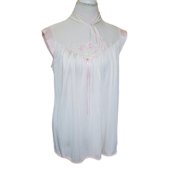 Vintage 80s‎ Cream Satin Nylon 3 Pc Pajama Robe Set Medium Pink Flowers - Picture 6 of 11